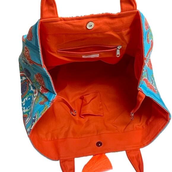 100% Cotton Bohemian Boho Signature Tote Bag in Aqua-Orange L - Picture 8 of 8